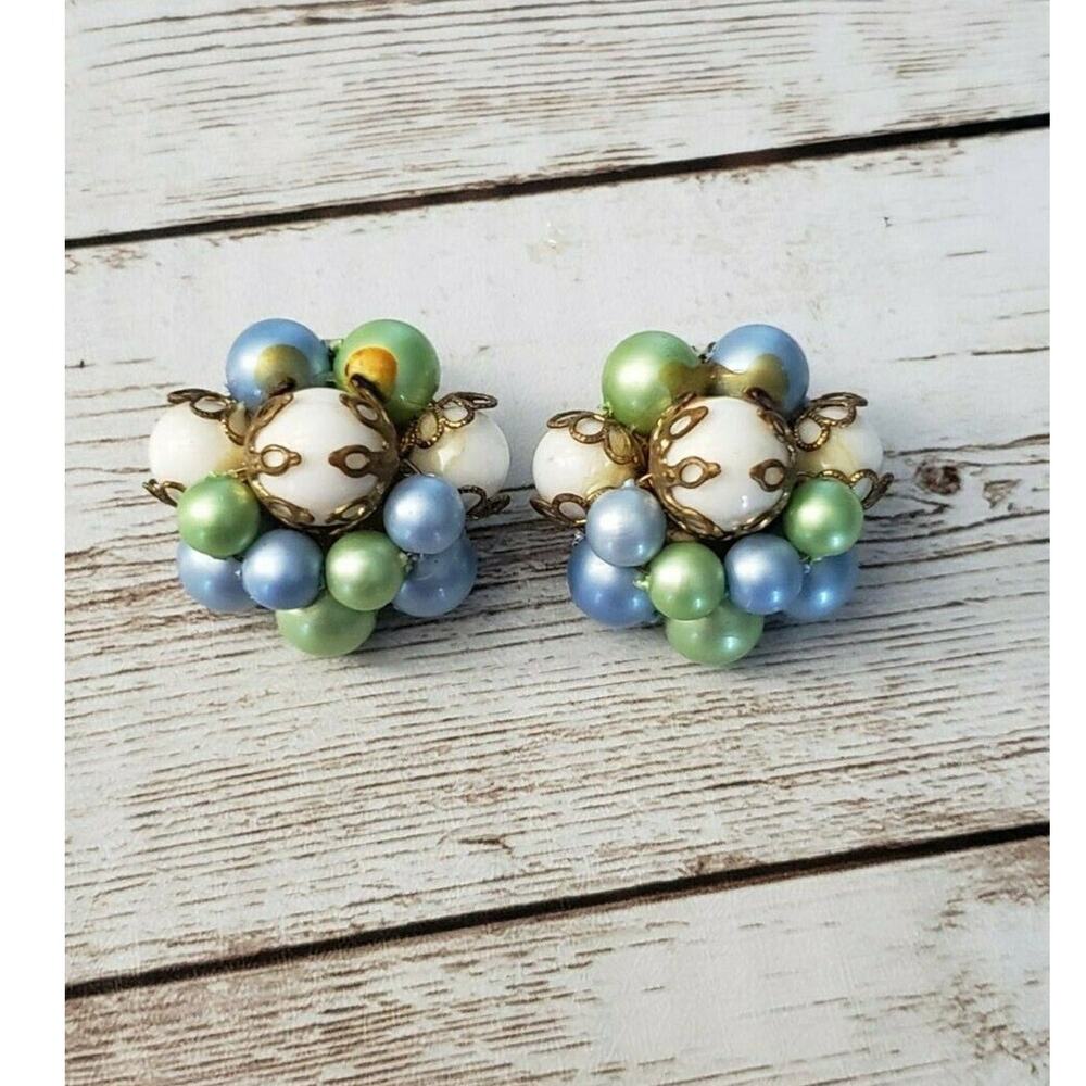 Vintage Clip On Earrings - Blue, Green & White Cluster Style - Fair Condition